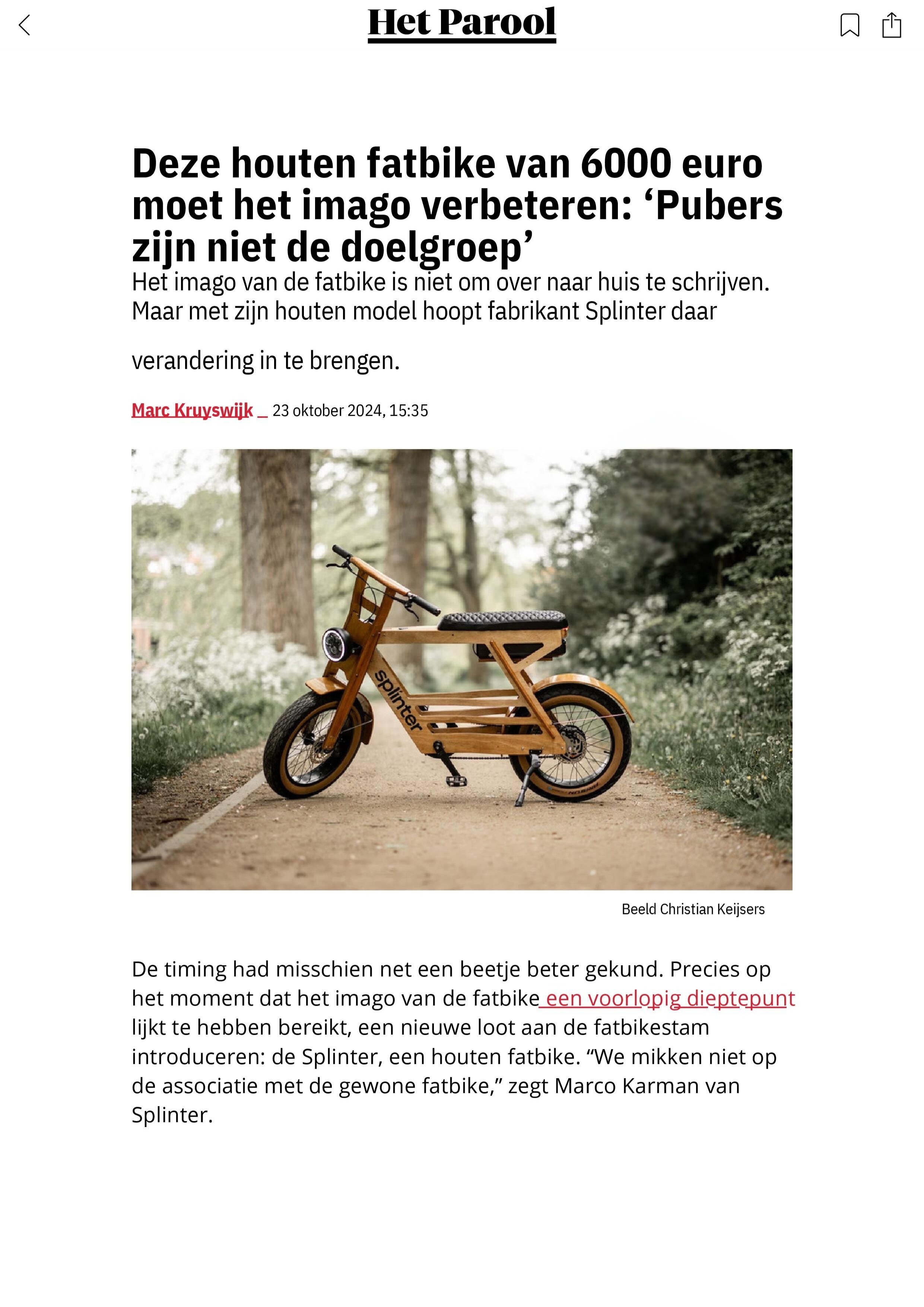 Parool: Houten fatbike moet het imago verbeteren ‘Pubers zijn niet de doelgroep’
