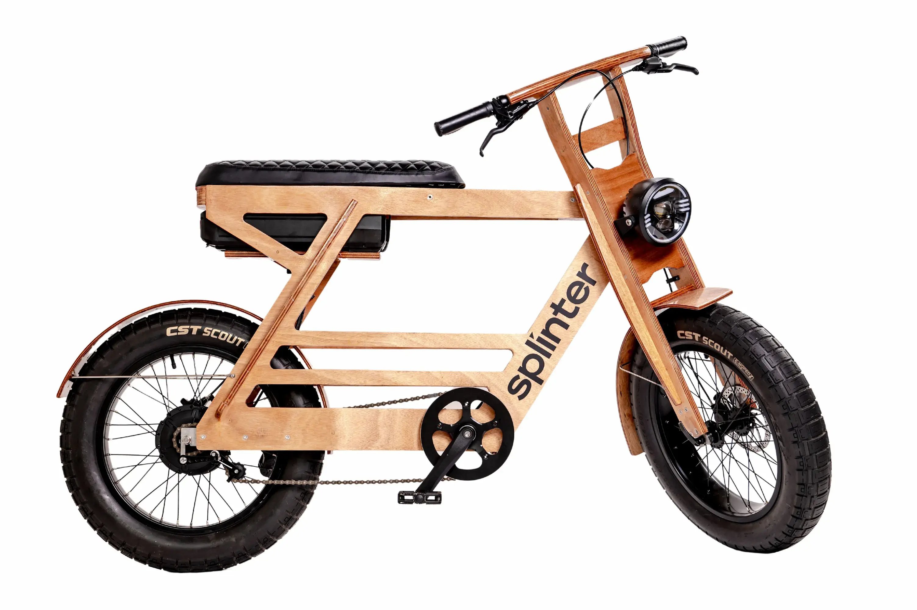 Close-up of the handcrafted wooden frame — wooden craftsmanship, unique electric bike